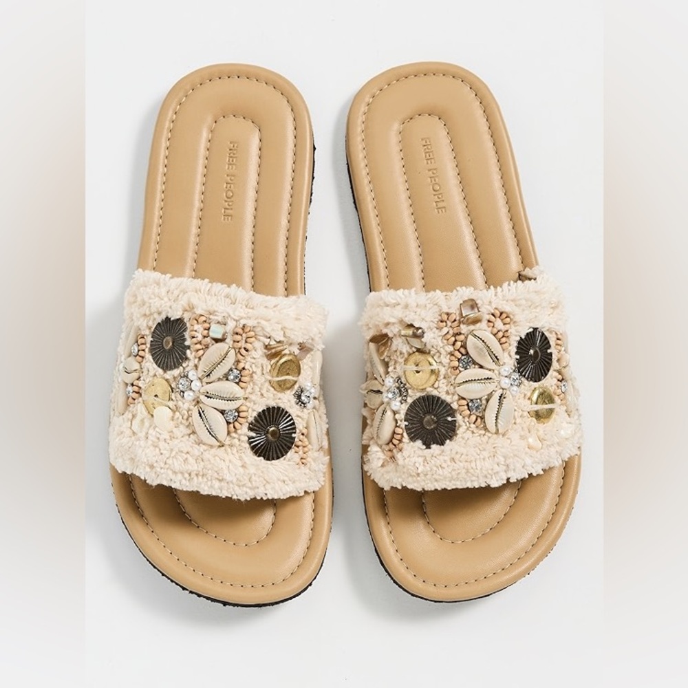 Free People Shell Sandals Shipwreck Surf Slides Boho Cowrie Beaded Size 11